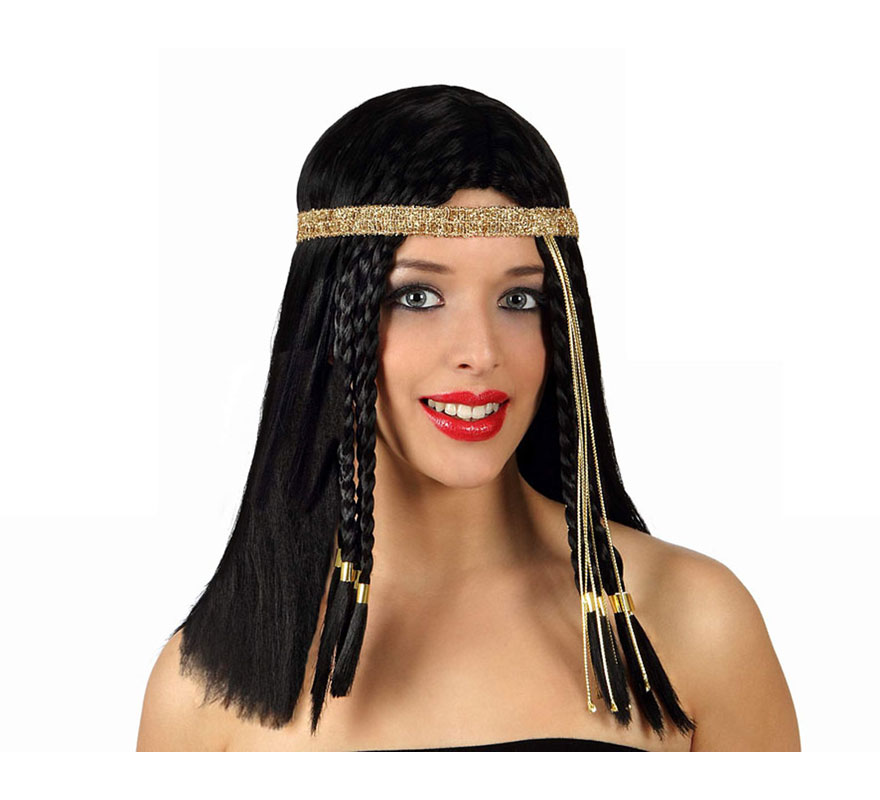 Peluca de Egipcia morena con trenzas y detalles dorados. Peluca de Cleopatra o Reina del Nilo.