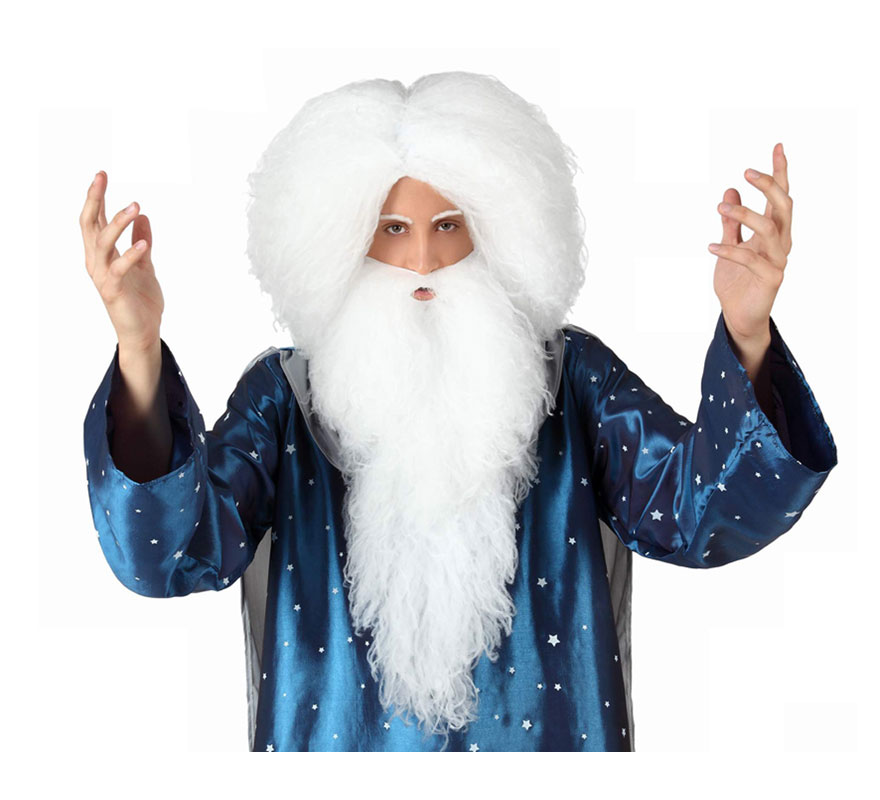 Peluca y barba de Mago blanca larga. También sirve como Peluca y Barba de Gandalf, de Anciano, de Rey Melchor o de Papá Noel.