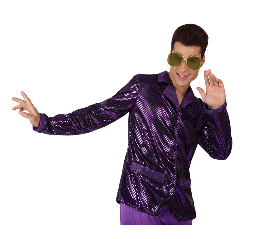 Camisa de la Disco Brillo morada para hombre. Talla 1 ó talla S = 48/52 para chicos delgados y adolescentes. Incluye camisa. Perfecto para disfrazarse de Discotequero.