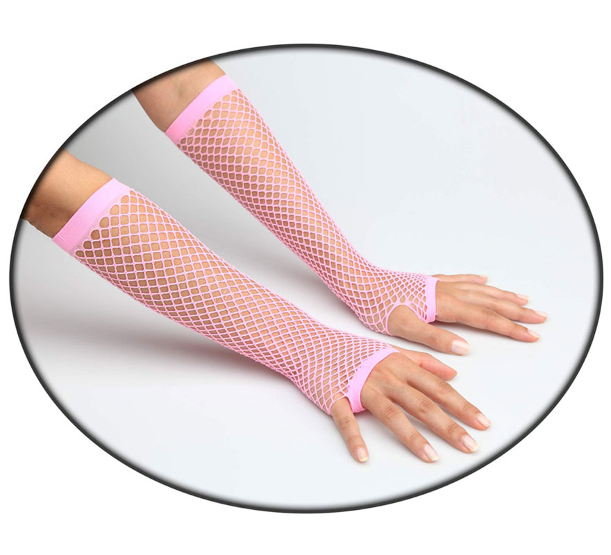 Guantes de rejilla rosa neon. Perfectos como complementos del disfraz de Punky.