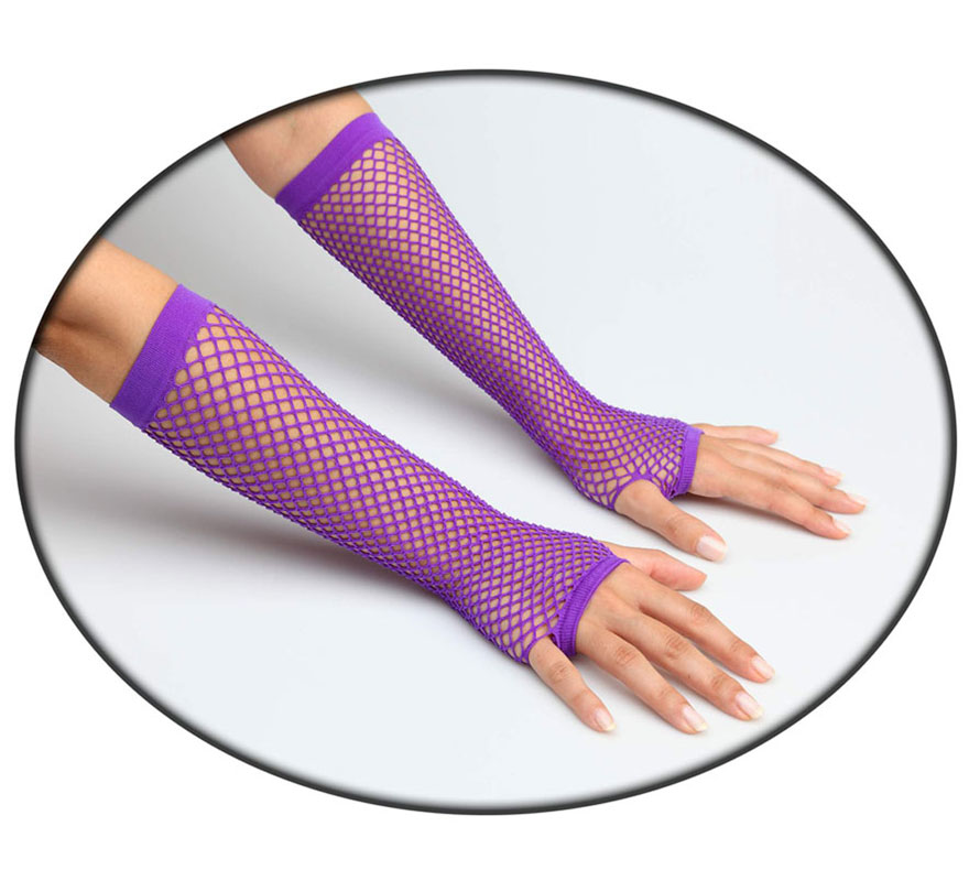 Guantes de rejilla lila neon. Perfectos como complementos del disfraz de Punky.