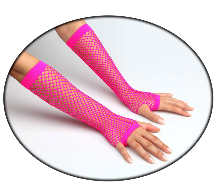 Guantes de rejilla fucsia neon. Perfectos como complementos del disfraz de Punky.