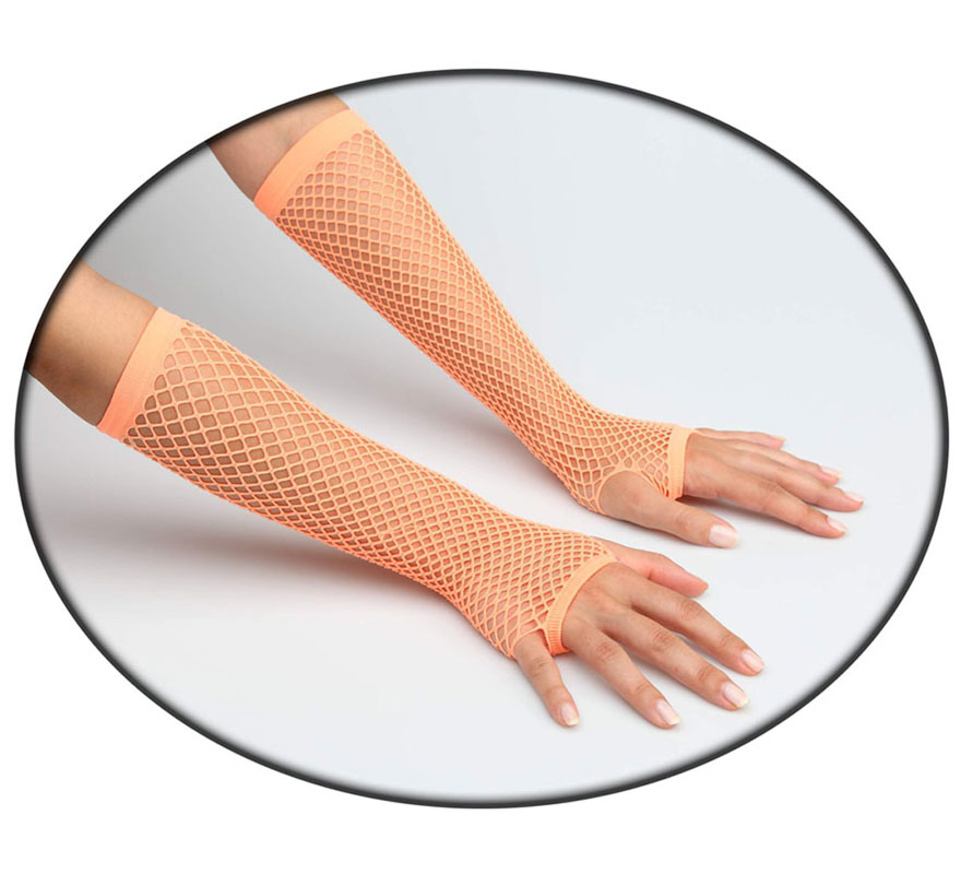 Guantes de rejilla naranja neon. Perfectos como complementos del disfraz de Punky.