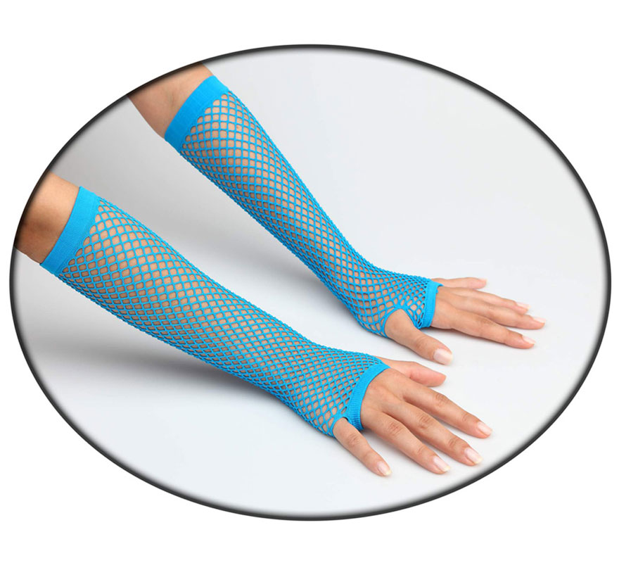 Guantes de rejilla azul neon. Perfectos como complementos del disfraz de Punky.