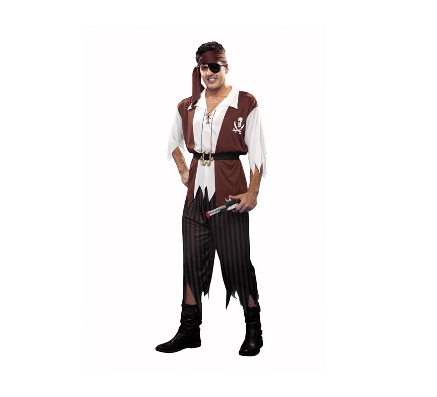 Disfraz de Pirata marrón para hombre. Talla M-L = 54/58. Incluye camisa con chaleco, cinturón, pantalón, cinta para la cabeza y parche. Trabuco No incluido, podrás verlo en la sección de Complementos.