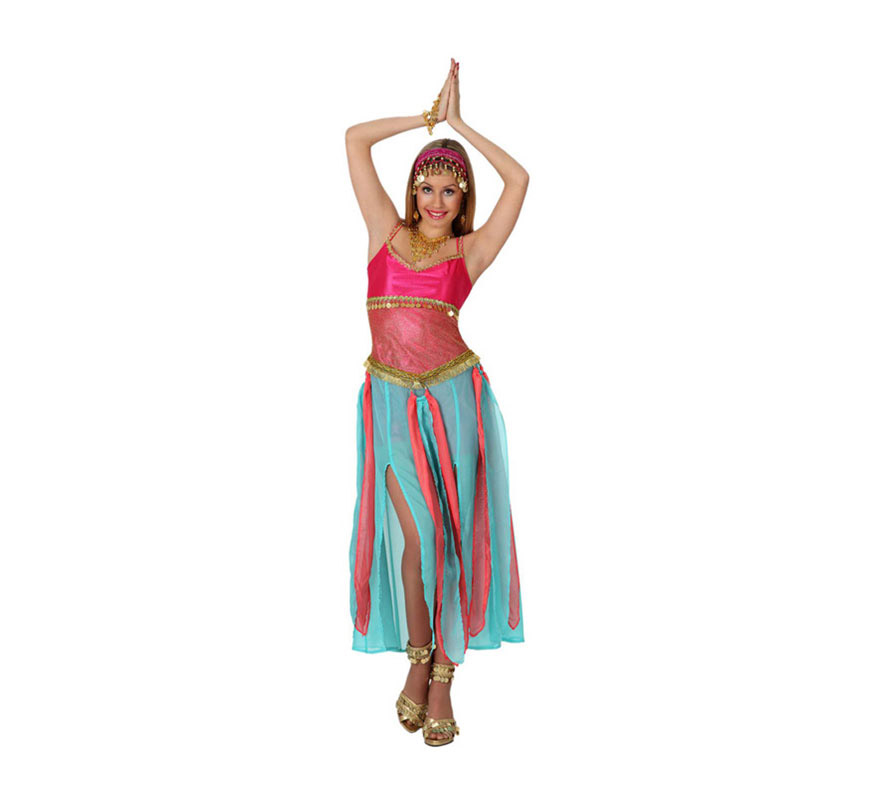 Disfraz de Bailarina Árabe para mujer. Talla XL = 44/48. Incluye vestido. Resto de accesorios NO incluidos, podrás verlos en la sección de Complementos. También podría valer como disfraz de Zíngara para mujer.