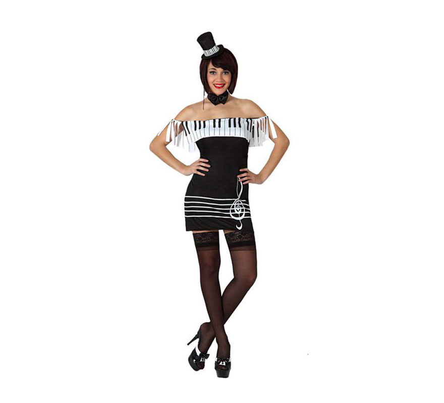 Disfraz de Chica Piano Sexy para mujer. Talla 1 ó talla S = 34/38 para chicas delgadas y adolescentes. Incluye vestido. Chistera, medias y zapatos NO incluidos. Las medias y la chistera las podrás ver en la sección de Complementos.