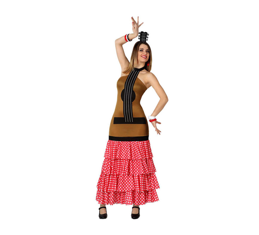 Disfraz de Guitarra Flamenca con volantes para mujer. Talla 2 o talla M-L = 38/42. Incluye vestido y tocado. Ideal para una Fiesta Española.