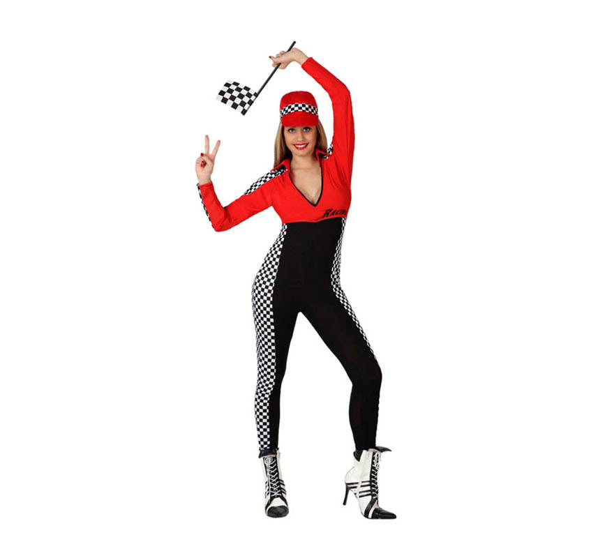 Disfraz de Piloto de Carreras Sexy o Piloto de F1 para mujer. Talla 1 ó talla S = 34/38 para chicas delgadas y adolescentes. Incluye mono y gorra. Bandera y botas NO incluidas.