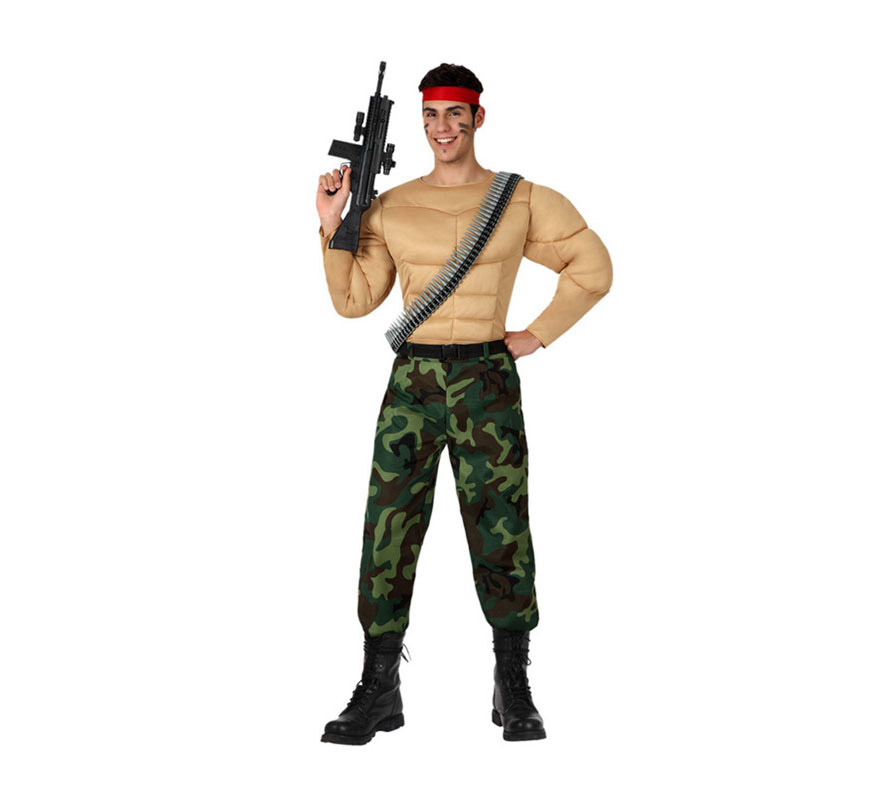 Disfraz de Militar Musculoso o de Camuflaje Forzudo para hombre. Talla 2 o talla M-L = 52/54. Incluye pantalón, cinturón, pecho musculoso y cinta para la cabeza. La metralleta y el cinturón de balas lo podrás encontrar en la sección de Complementos.