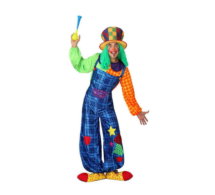 Disfraz de Payaso colores para hombres. Talla 3 ó talla XL= 54/58. Incluye mono y camiseta. Bocina, zapatos y chistera con pelo NO incluido, lo podrás encontrar en la sección de Complementos.