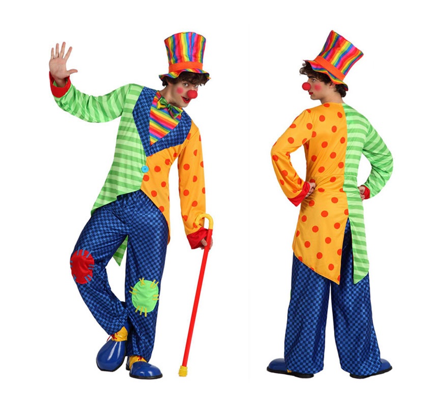 Disfraz de Payaso Divertido para hombre. Talla 2 ó talla M-L = 52/54. Incluye pantalón, chaqueta y gorro. Nariz, zapatos y bastón NO incluidos, podrás verlos en la sección de Complementos.