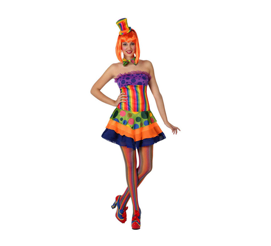 Disfraz de Payasa Sexy para chicas. Talla 1 ó talla S = 34/38 para chicas delgadas y adolescentes. Incluye vestido, pajarita y diadema con chistera. Peluca, medias y zapatos NO incluidos. La peluca y las medias las podrás ver en la sección de Complementos.
