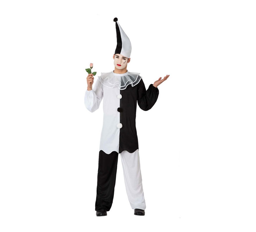 Disfraz de Pierrot o Arlequín para hombre. Talla 3 ó talla XL = 54/58. Incluye gorro, camiseta y pantalón. 