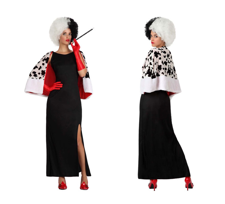 Disfraz de Mujer Cruela  para mujeres. Talla 3 o talla XL = 44/48. Incluye vestido y capa. Boquilla, guantes y peluca NO incluidos, podrás verlos en la sección de Complementos. Con este disfraz podrás imitar a Cruella de Vil.