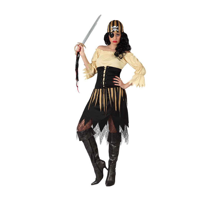 Disfraz de Pirata Calavera para mujer. Talla 1 ó talla S = 34/38 para chicas delgadas y adolescentes. Incluye vestido y pañuelo. Resto de complementos NO incluidos, podrás verlos en la sección de Complementos.