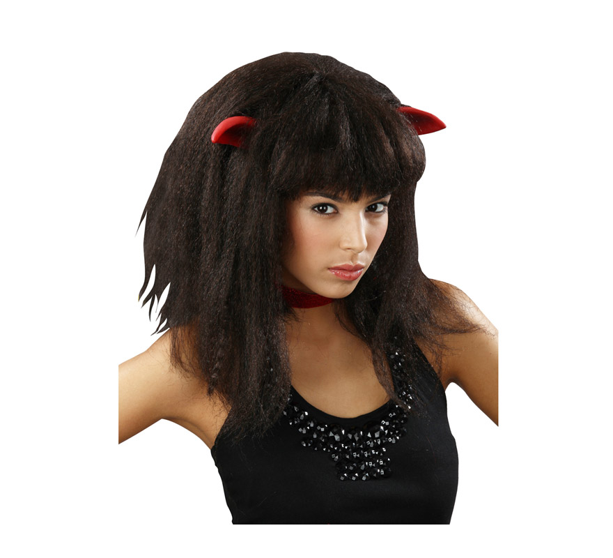 Peluca negra Diablesa con orejas de latex. También podría usarse como peluca de Mujer - Lobo o Women Wolf, se parece mucho al pelo de una Monster.