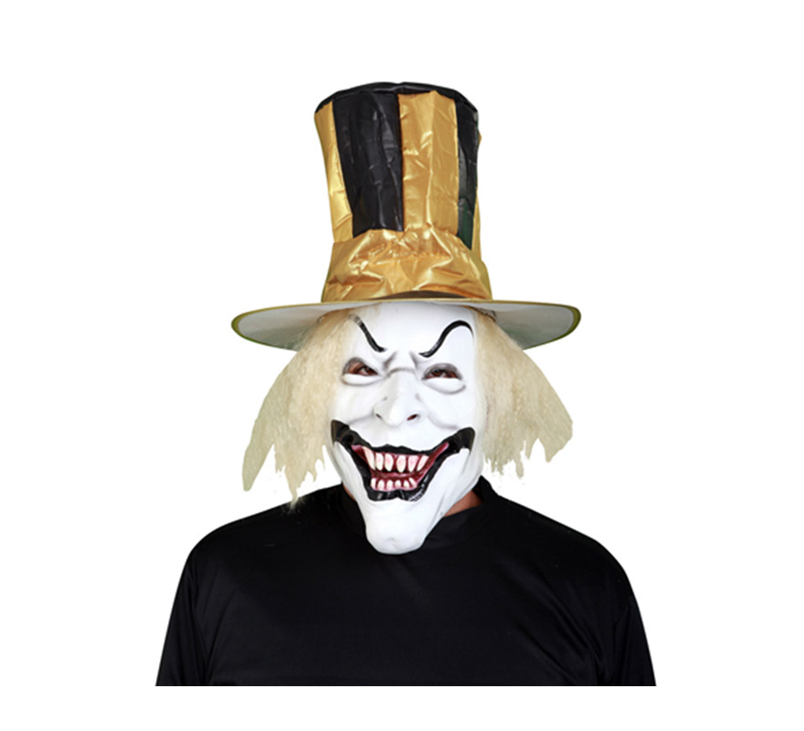 Máscara o Careta latex de Payaso con sombrero y pelo.