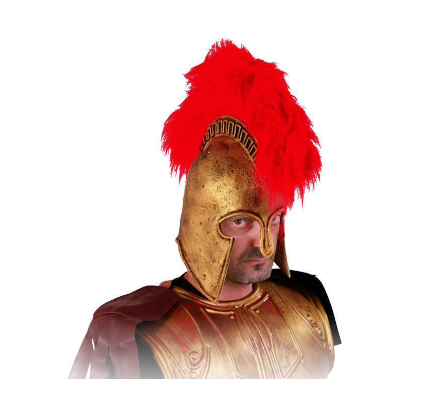 Casco Romano de latex dorado con cresta roja. Perfecto para los disfraces de Espartano, Centurión Romano, etc. Éste es el símbolo de Jorge Lorenzo.