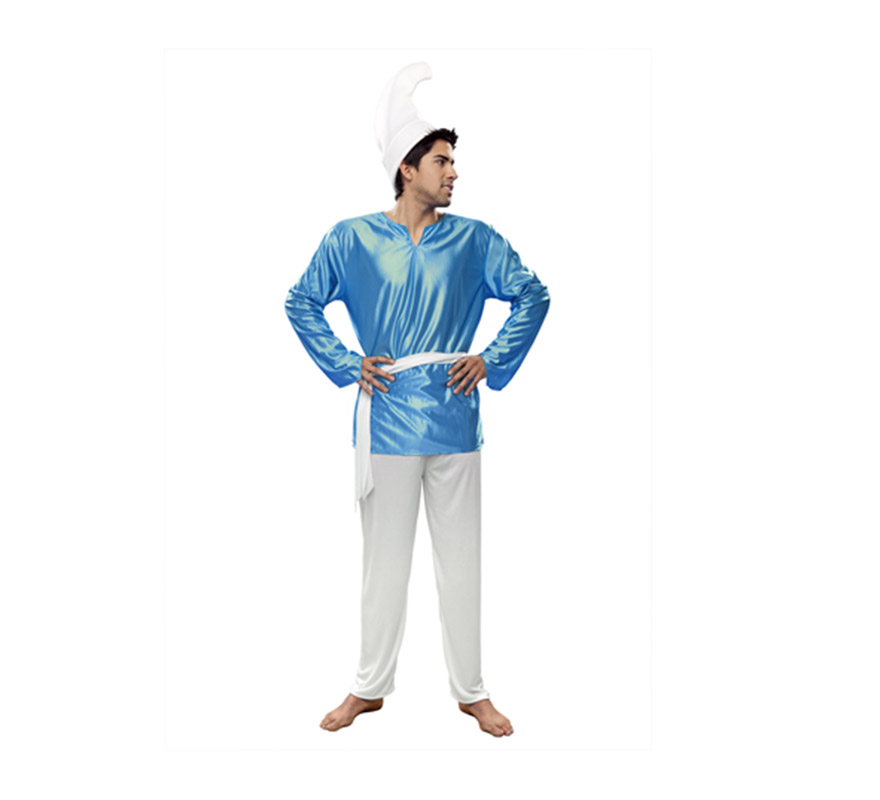 Disfraz de Duende Azul para hombre. Talla Standar M-L = 52/54. Incluye gorro, camisa, cinturón y pantalón. Ideal para jugar o imitar a los famosos Pitufos.