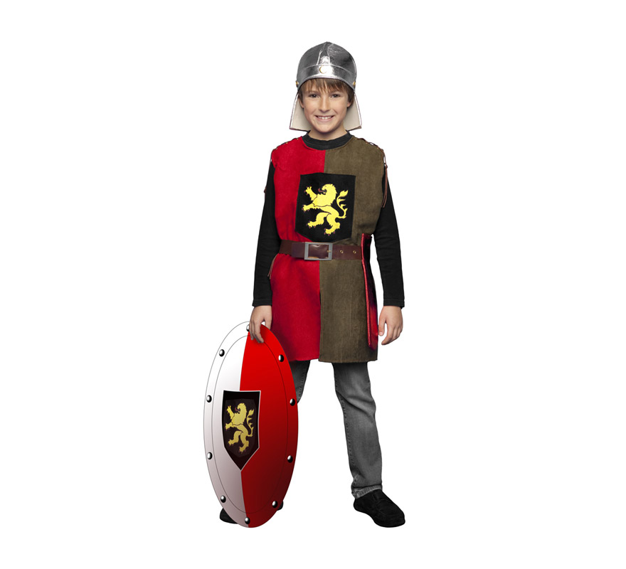 Disfraz de Soldado Medieval del León para niños de 5 a 6 años. Incluye casco (de tela), casaca, cinturón y funda de espada. Escudo NO incluido, podrás ver algunos tipos de escudos en la sección de Complementos.