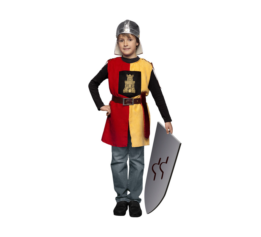 Disfraz de Soldado Medieval de la Torre para niños de 7 a 9 años. Incluye casco (de tela), casaca, cinturón y funda de espada. Escudo NO incluido, podrás ver algunos tipos de Escudos en la sección de Complementos.