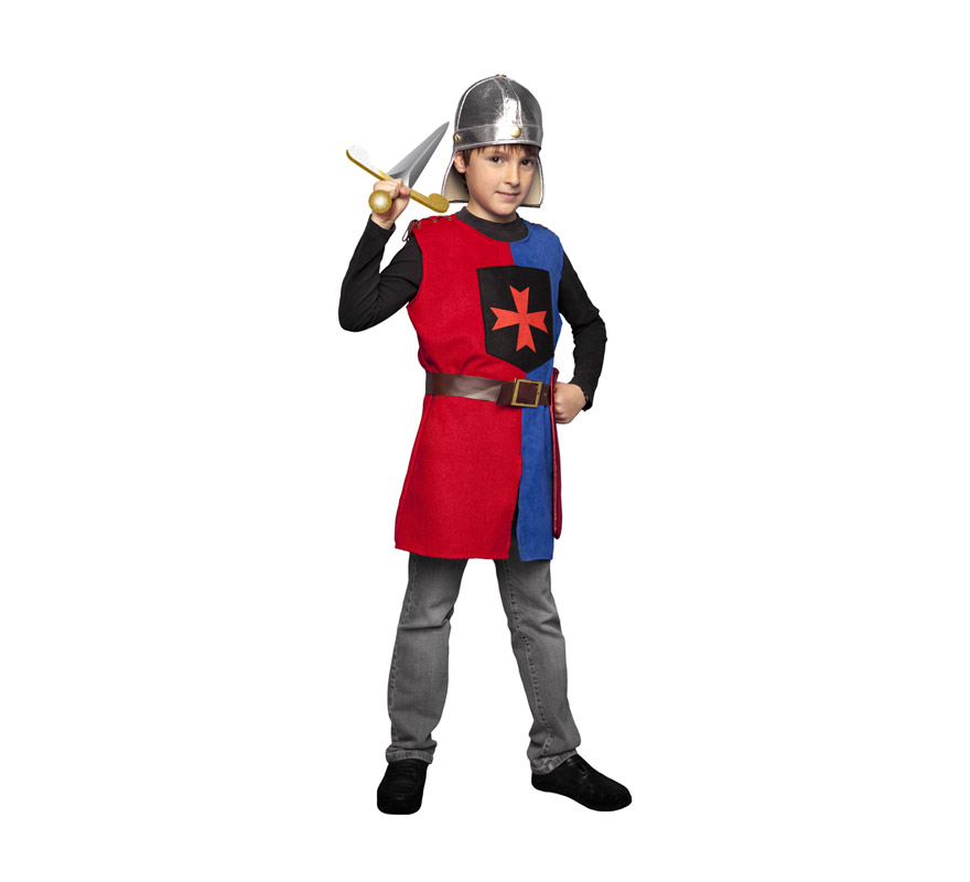 Disfraz de Soldado Medieval de la Cruz para niños de 5 a 6 años. Incluye casco (de tela), casaca, cinturón y funda de espada. Espada NO incluida, podrás ver espadas en la sección de Complementos.