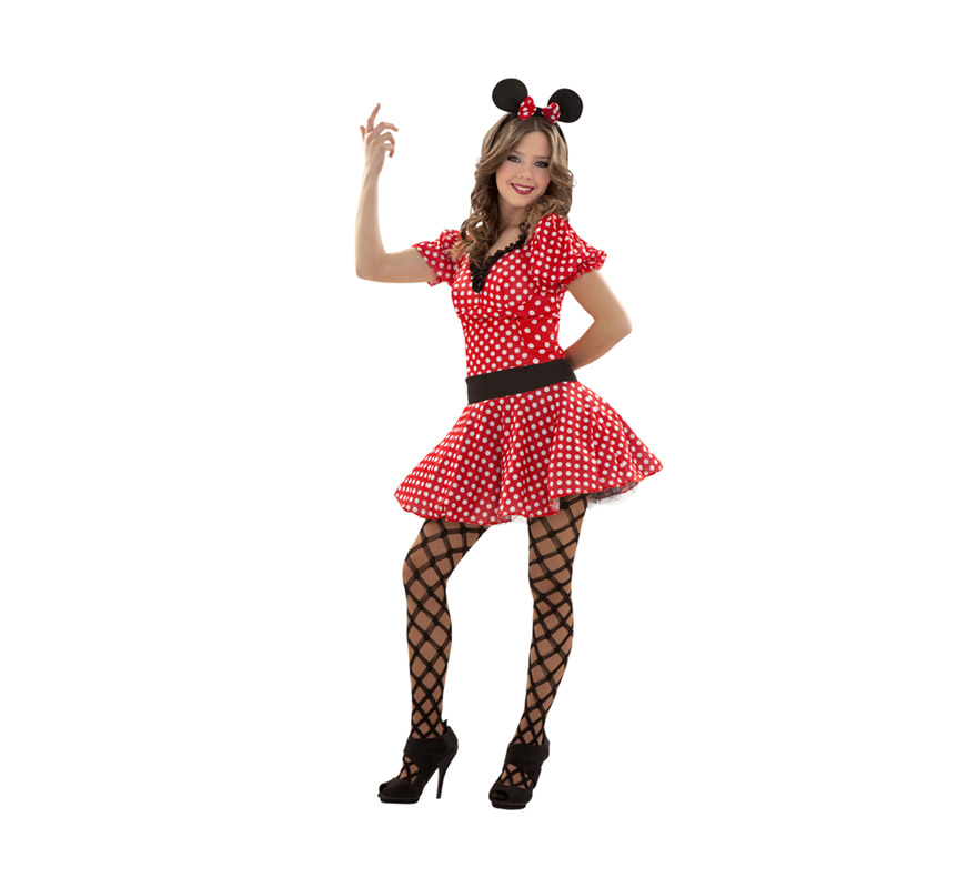 Disfraz barato de Ratoncita o Ratita Sexy para chicas talla S = 34/38 y para chicas de 14 a 16 años. Incluye vestido y diadema con orejas y lazo. Medias NO incluidas, podrás verlas en la sección de Complementos. Éste traje es genial para Despedidas de Soltera y para cualquier Fiesta en la que quieras imitar a Minni Mouse. La pareja de éste modelo es la ref. 09158BT.