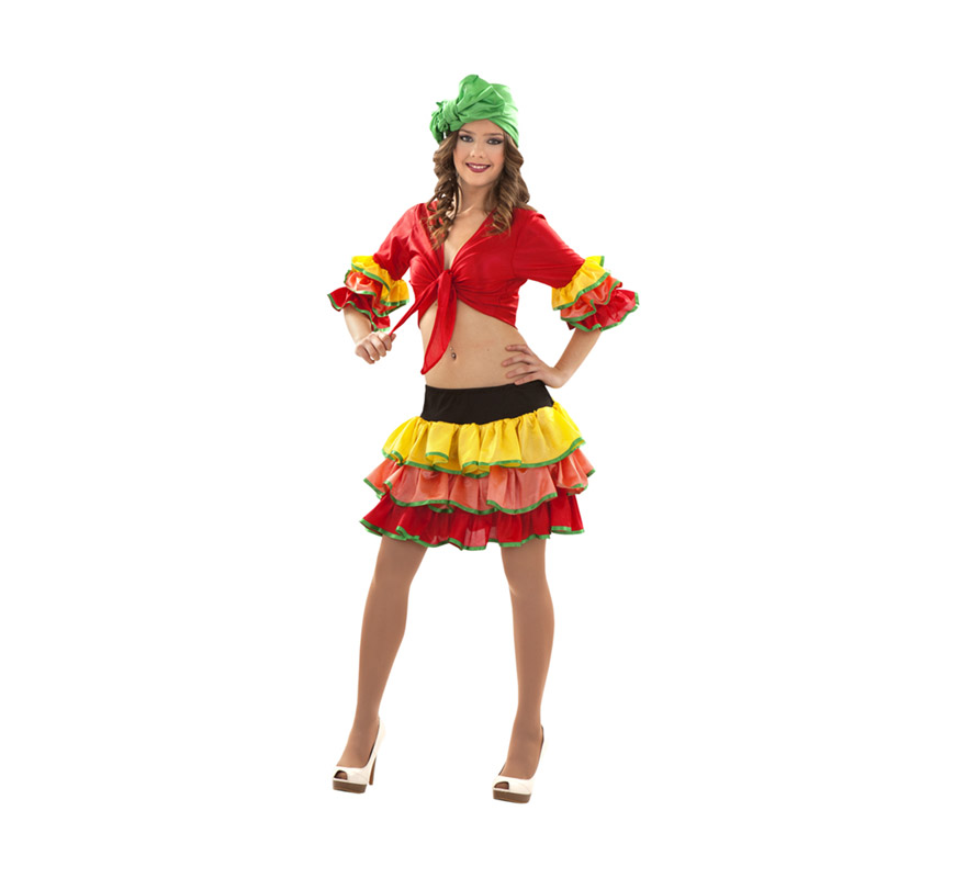 Disfraz de Rumbera Sexy para chicas talla S = 34/38 y para chicas de 14 a 16 años. Incluye pañuelo de la cabeza, camisa y falda. Disfraz de Caribeña o Brasileña para mujer.