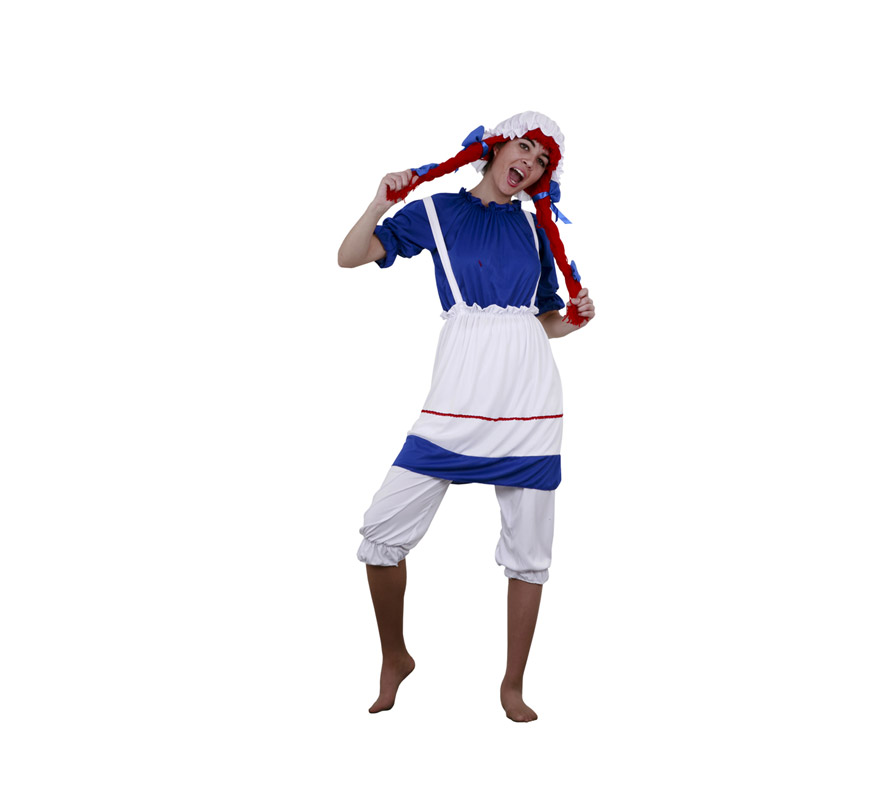 Disfraz barato de Muñeca de Trapo para mujer. Talla standar M-L = 38/42. Incluye gorro, vestido y pantalón. Peluca de trenzas NO incluida, podrás verla en la sección de Pelucas. También puedes hacértela tú con lana de color naranja o roja, queda más original y más divertido. Disfraz de Bebé chica o Pepona.