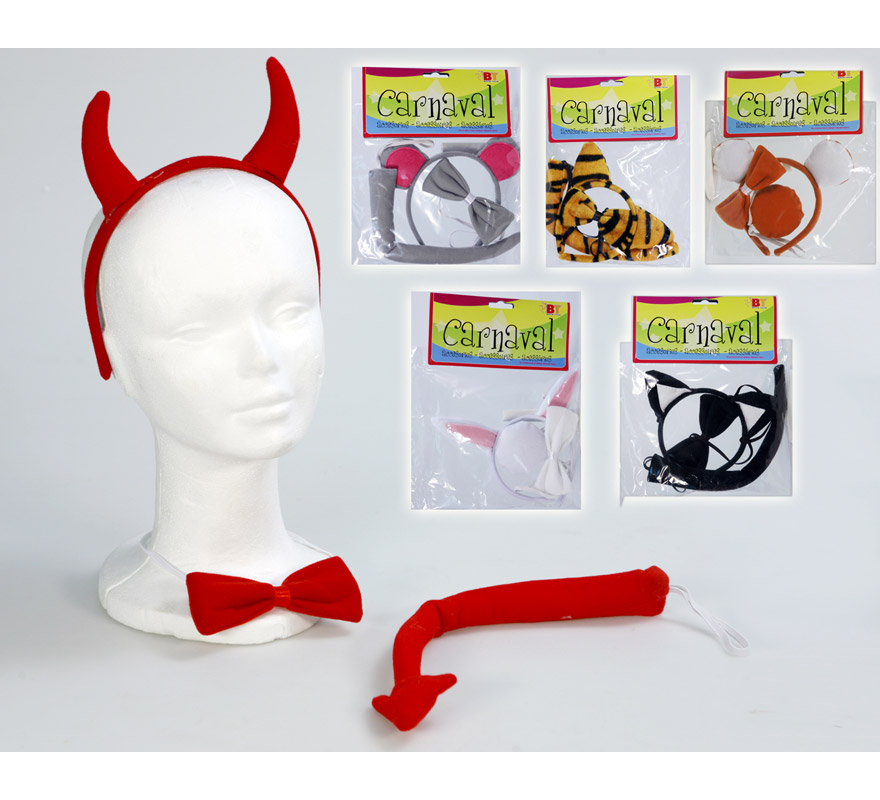 Conjunto de orejas, pajarita y rabo. Disponible en 5 modelos surtidos, precio por unidad,se venden por separado. Perfectos para Despedidas de Soltera y para Colegios, para disfrazar a los niños de animales.