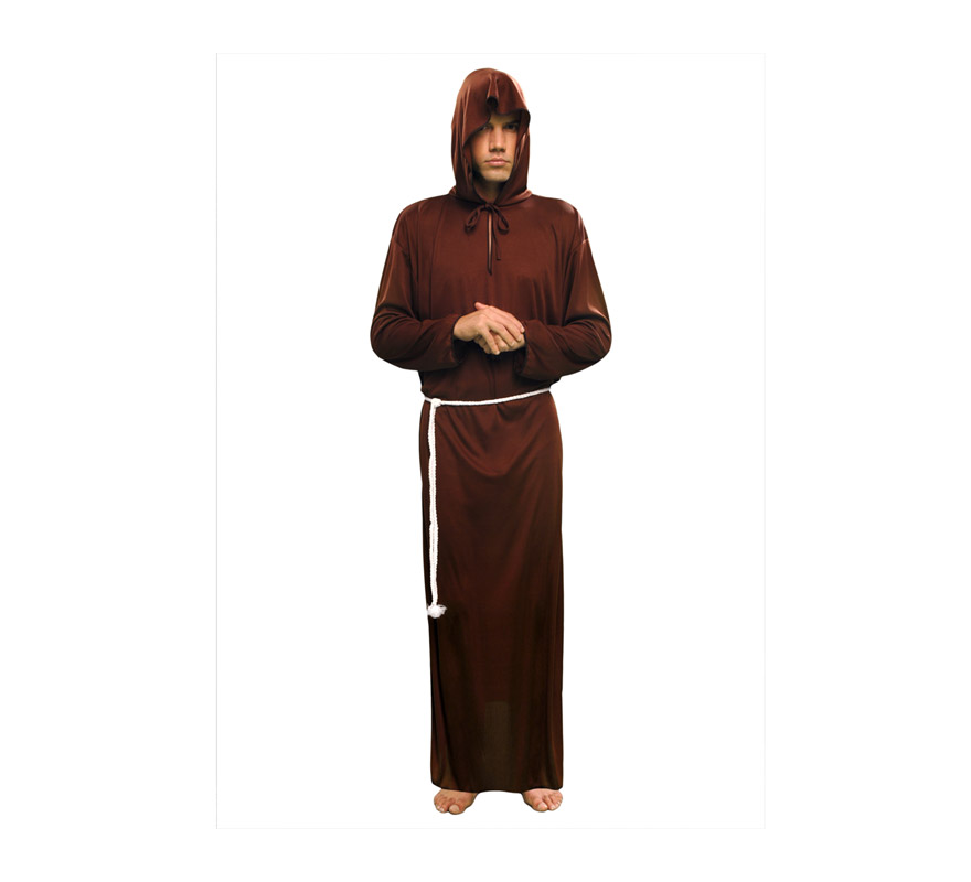 Disfraz de Monje adulto. Talla standar M-L = 52/54. Incluye túnica con capucha y cordón. También podríamos llamarle traje de Fraile o Franciscano que también sirve para Halloween sobre todo con un buen maquillaje.