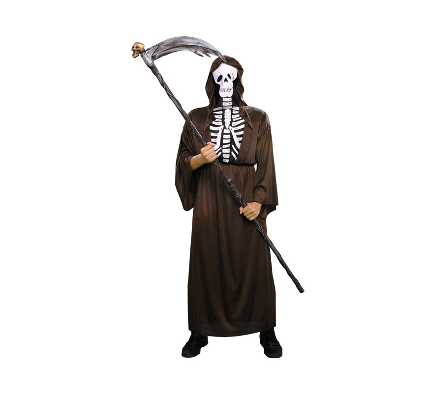 Disfraz de Esqueleto adulto para Halloween. Talla Standar M-L = 52/54. Disfraz super barato de Halloween que incluye traje y cinturón. Guadaña NO incluida,l podrás verla en la sección de Complementos.