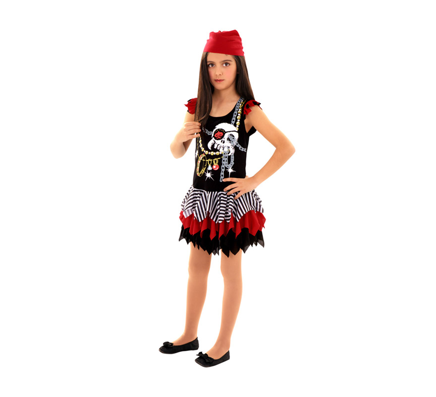 Disfraz de Pirata Calavera para niñas de 5 a 6 años. Incluye vestido y pañuelo. 
