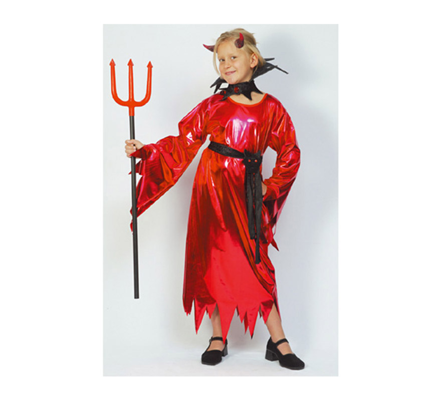 Disfraz de Demonio o Diablesa Niña económico talla de 7 a 9 años. Incluye vestido, cinturón y collarín. Tridente NO incluido.