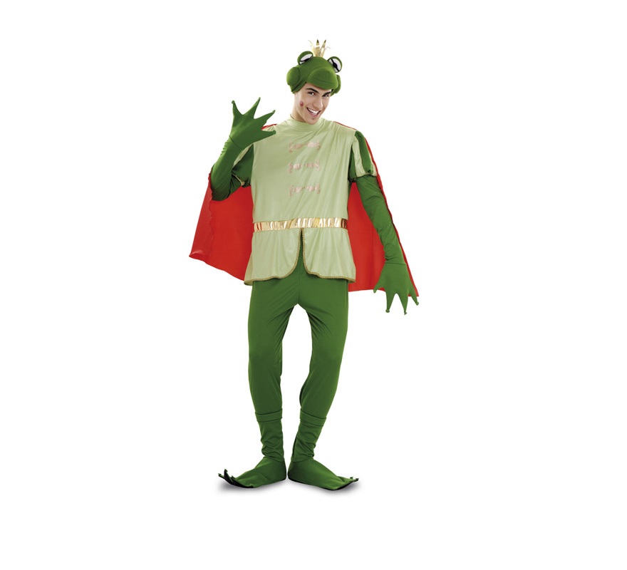 Disfraz de Príncipe Rana para hombre. Talla Standar M-L 52/54. Incluye gorro, mono con capa y cubrebotas. Con éste disfraz podrás parecerte al Sapo de Tiana.