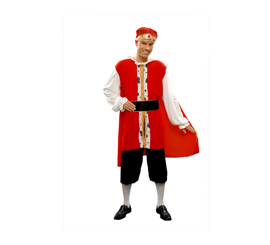 Disfraz barato de Rey Medieval para hombre. Talla standar M-L = 52/54. Incluye camisa, cinturón, capa, pantalón y gorro. La pareja de éste modelo es la Reina Medieval ref. 19486BT.