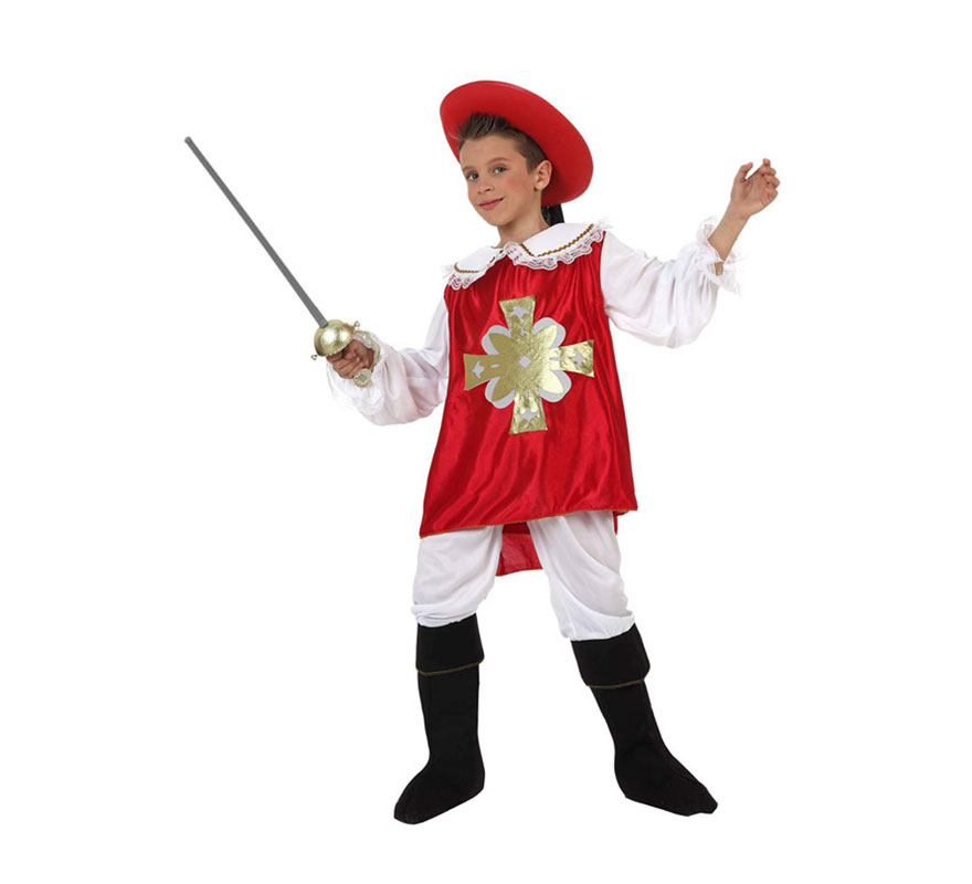 Disfraz barato de Mosquetero rojo para niños de 3 a 4 años. Incluye disfraz completo SIN florete y SIN sombrero. Los podrás encontrar en la sección de Complementos.