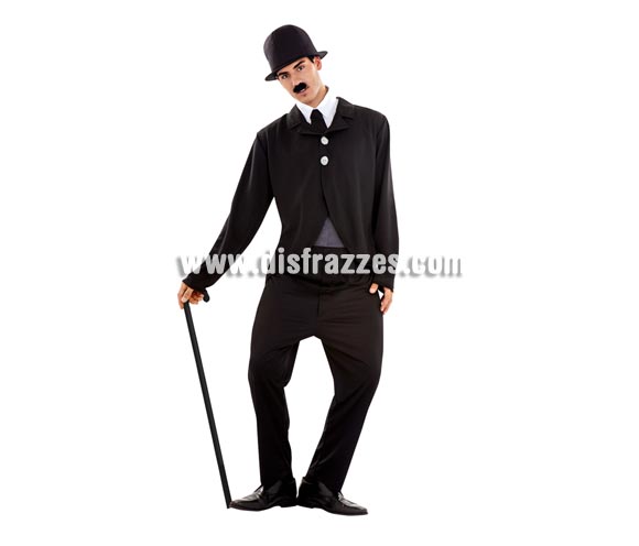 Disfraz de Charlie Chaplin para hombre. Talla Standar M-L 52/54. Incluye gorro, chaqueta, camisa, corbata y pantalón. Bastón NO incluido, podrás verlo en la sección de Complementos.