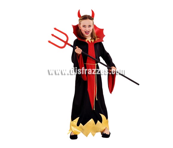 Disfraz de Diablesa Siniestra para niñas de 3 a 4 años. Incluye túnica, cinturón y cuernos. Tridente NO incluido, podrás verlo en la sección de Complementos. Perfecto para la noche de Halloween.