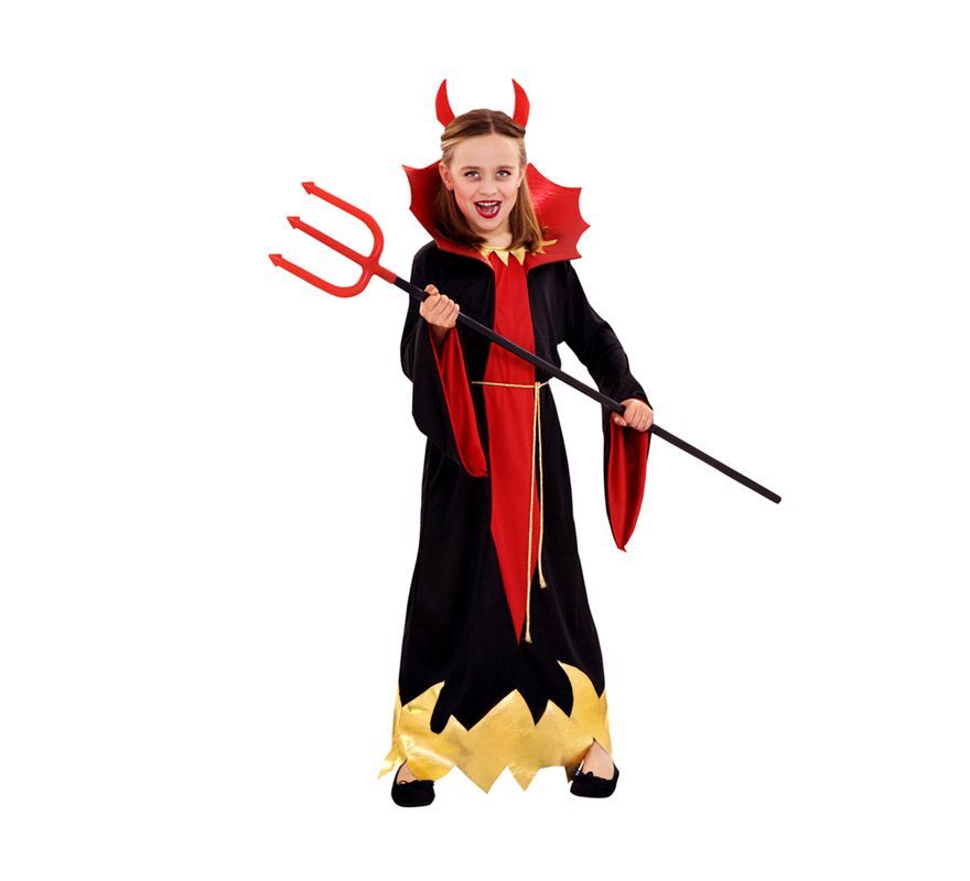 Disfraz de Diablesa Siniestra para niñas de 10 a 12 años. Incluye túnica, cinturón y cuernos. Tridente NO incluido, podrás verlo en la sección de Complementos. Perfecto para la noche de Halloween.