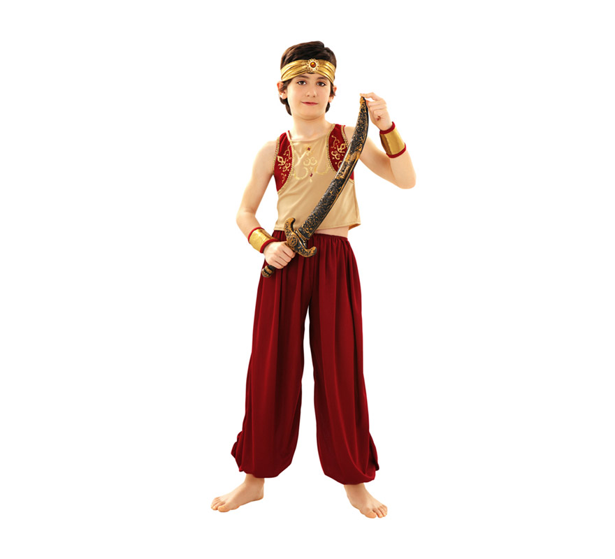 Disfraz de Aladino para niños de 5 a 6 años. Incluye top, pantalón, tocado de la cabeza y muñequeras. Espada NO incluida, podrás verla en la sección de Complementos.