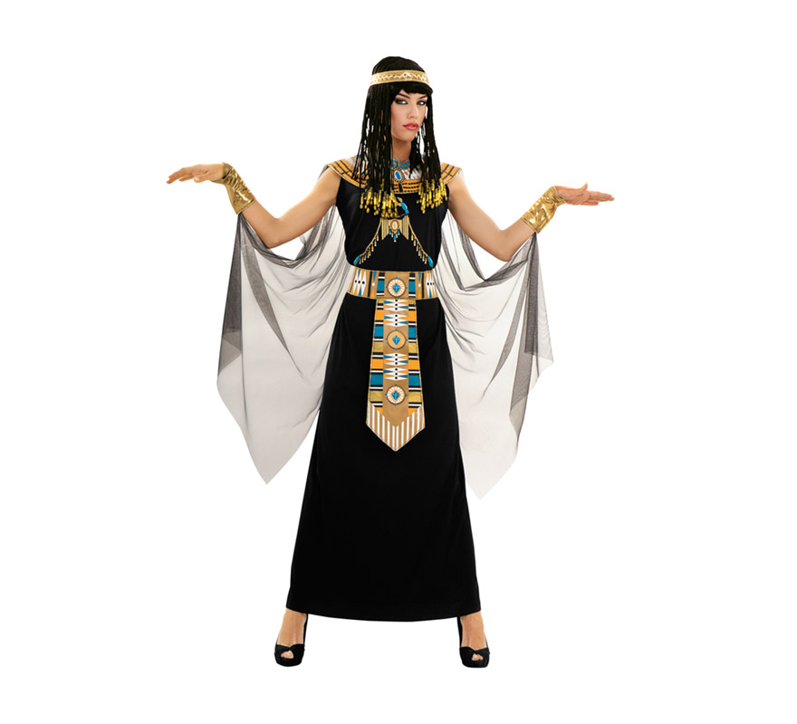 Disfraz de Reina del Nilo para mujer. Talla Standar M-L 38/42. Incluye vestido con capa, cuello, cinturón, manguitos y tocado. Peluca NO incluida, podrás verla en la sección de Complementos. Con éste disfraz y la peluca serás el vivo retrato de la Reina Egipcia, la histórica y sexy Cleopatra.