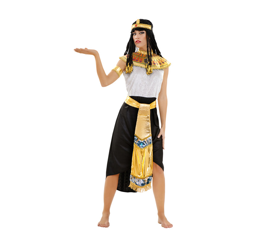 Disfraz de Reina Egipcia talla M-L para mujer. Talla standar 38/42. Incluye tocado, cuello, cinturón, vestido y puños. Peluca NO incluida, podrás verla en la sección de complementos. Con éste disfraz y la peluca serás el vivo retrato de la Reina del Nilo, la histórica y sexy Cleopatra.