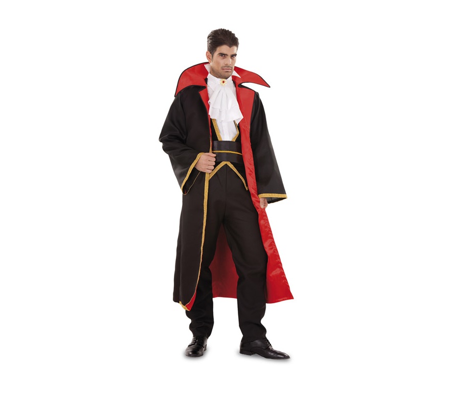 Disfraz de Conde Drácula para hombre. Talla Standar = 52/54. Incluye pechera, cuello, fajín, pantalón y abrigo. Disfraz de Vampiro de hombre.