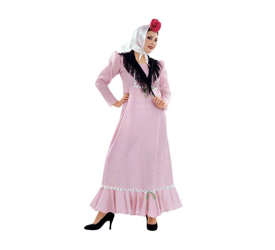 Disfraz de Madrileña o Chulapa para mujer. Talla S = 34/38. Incluye vestido, pañuelo de la cabeza y mantoncillo. Flor NO incluida. Éste disfraz es ideal para la Feria de San Isidro de Madrid y para cualquier Fiesta de disfraces del año. La pareja de éste disfraz es la ref. 08270BT o 08271BT que es el disfraz de Madrileño en talla Universal y en talla XL.