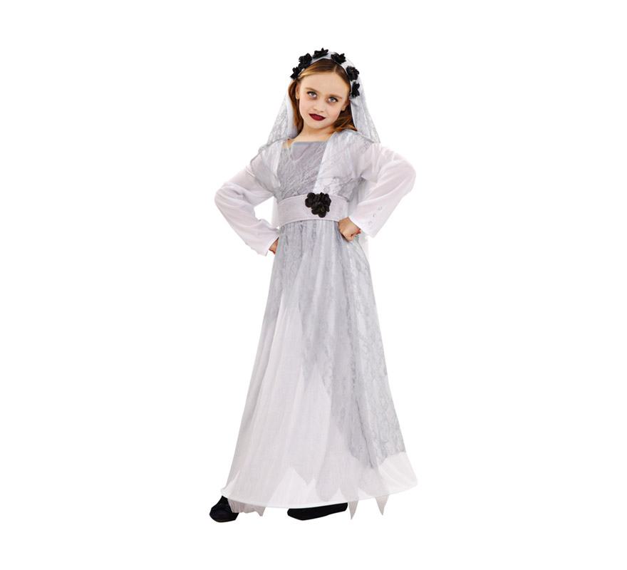 Disfraz de Novia Cadáver para niñas de 5 a 6 años. Incluye vestido, cinturón, velo y chaleco largo.