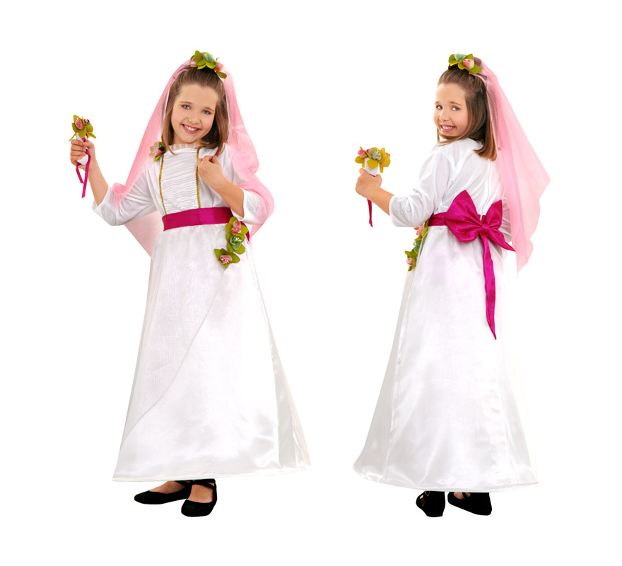 Disfraz de Novia para niñas de 10 a 12 años, Incluye vestido, velo y ramo.