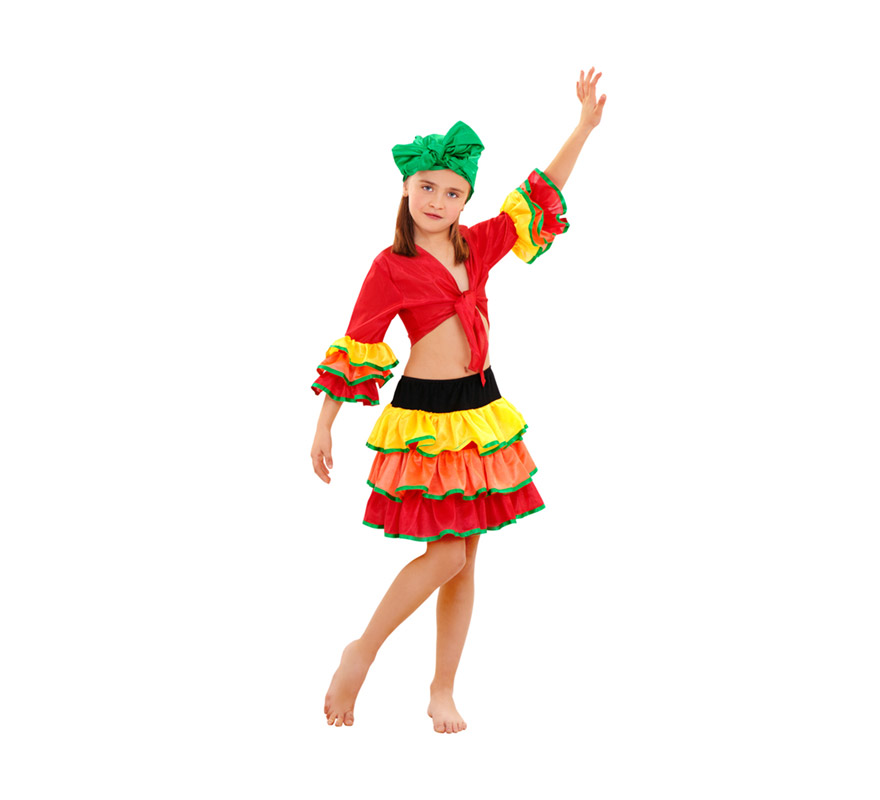Disfraz de Rumbera para niñas de 10 a 12 años. Incluye pañuelo de la cabeza, camisa y falda. Disfraz de Caribeña o Brasileña para niñas.