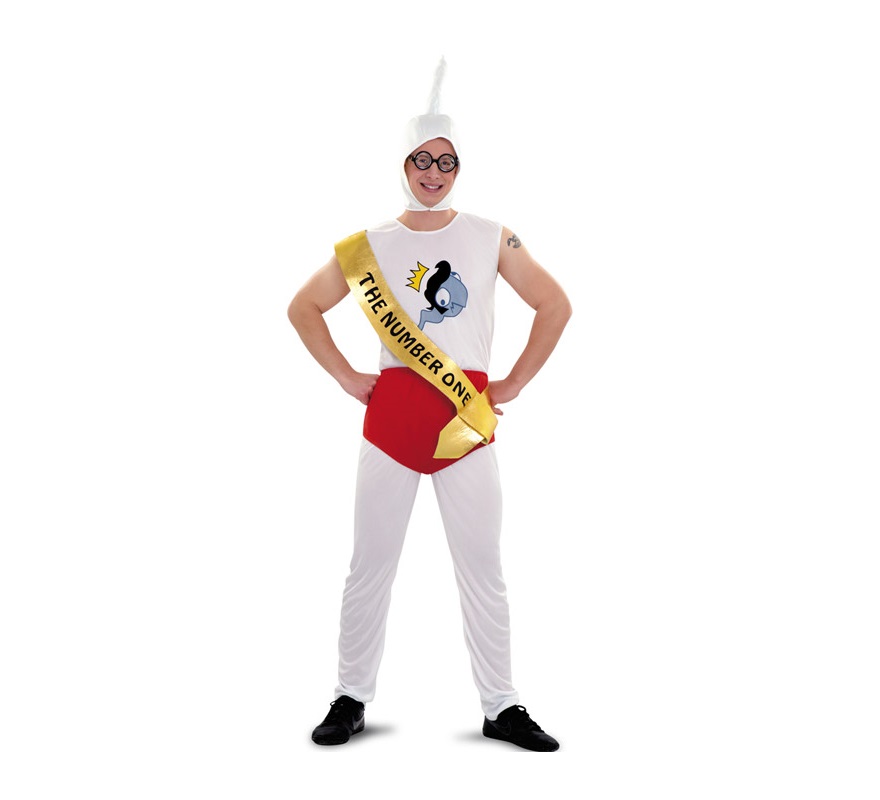Disfraz de Espermatozoide para hombre talla M-L. Incluye gorro, pantalón, camiseta, calzoncillo y banda. Gafas NO incluidas, podrás verlas en la sección de Complementos. Perfectísimo para Despedidas de Soltero, el Novio seguro que no se lo espera, jejeje.